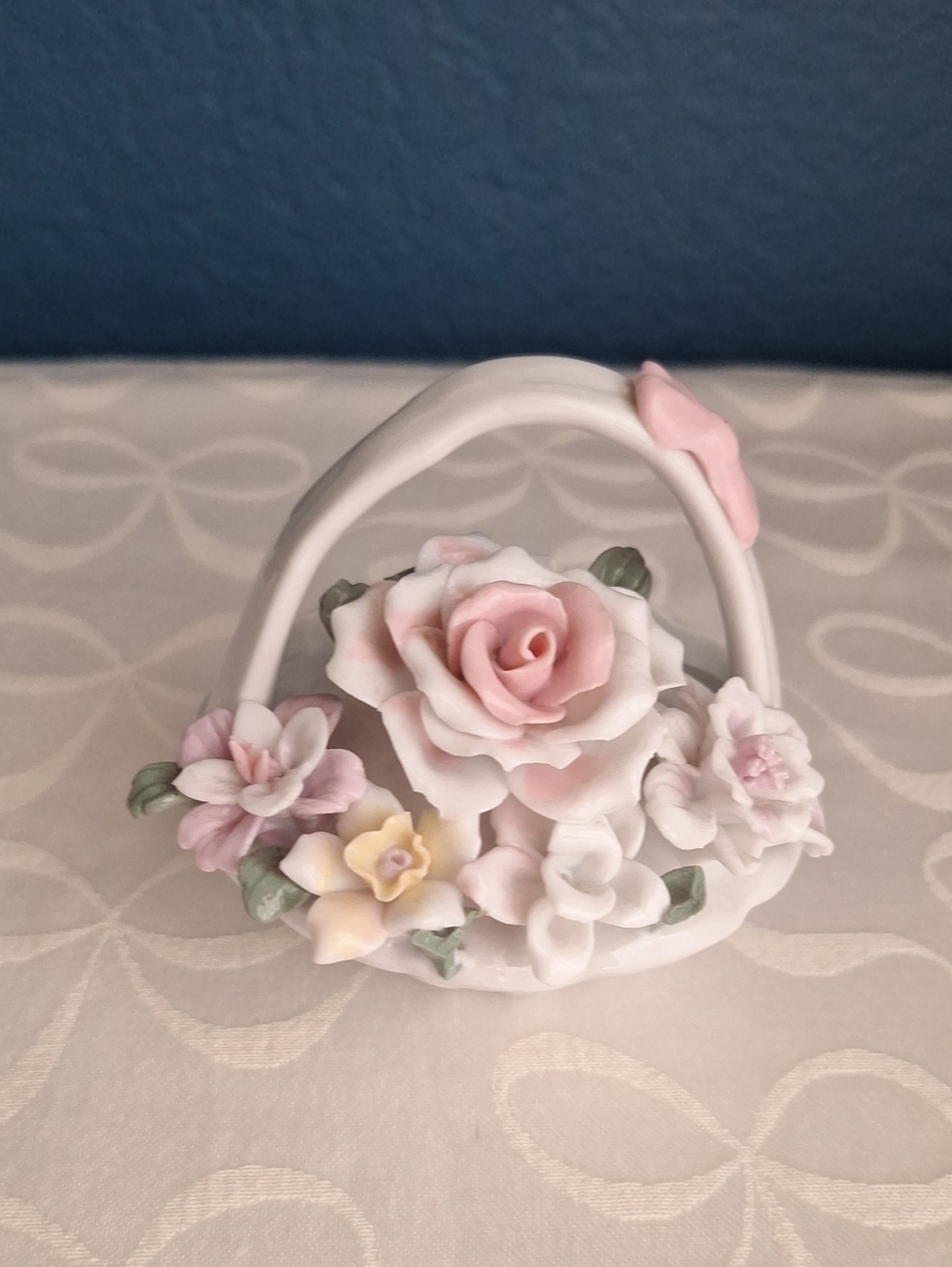 Vintange Porcelain Floral Basket Accent - Pink and White